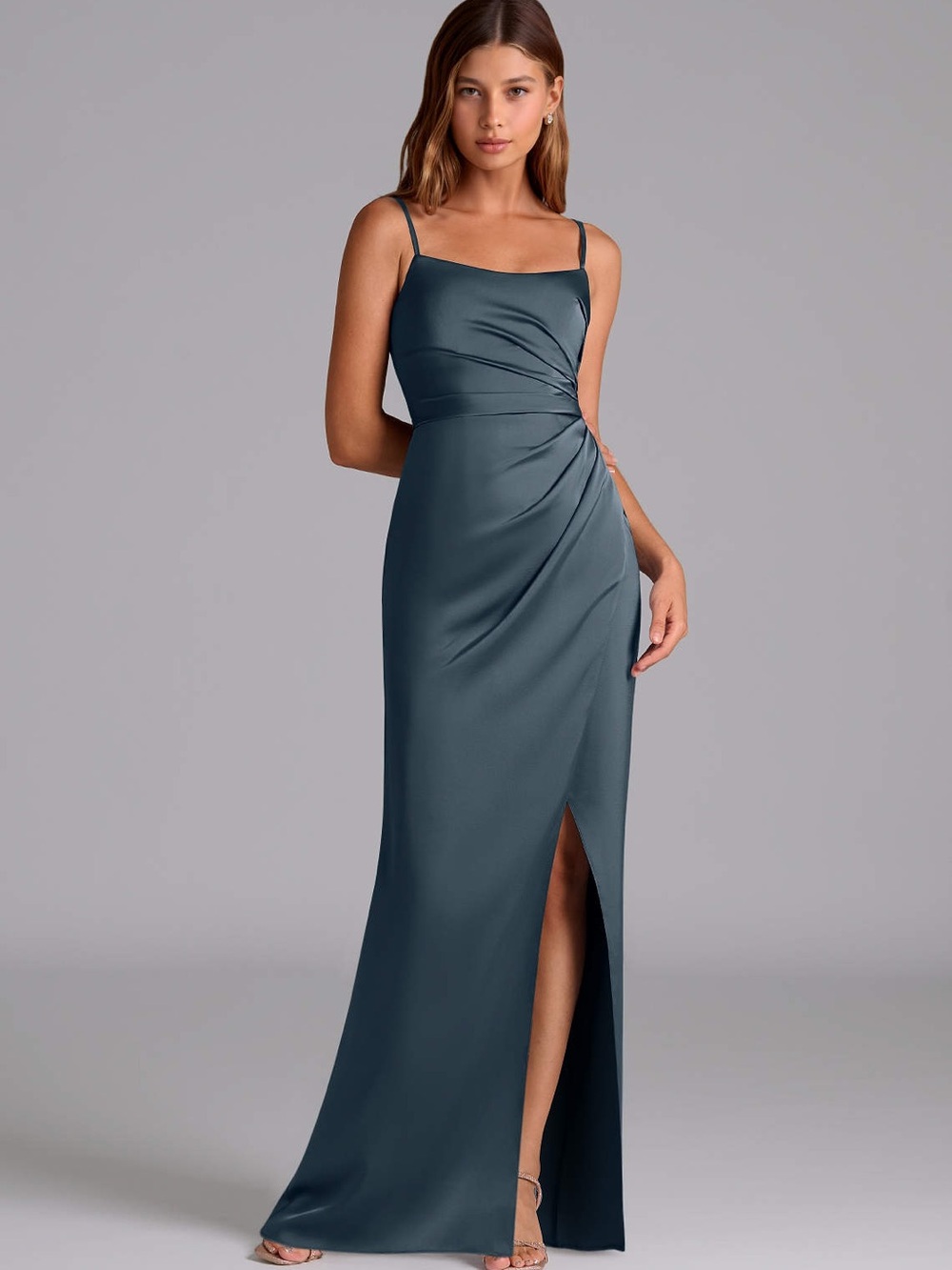 Azazie Calandra Twilight Sheath Pleated Stretch Satin Dress
